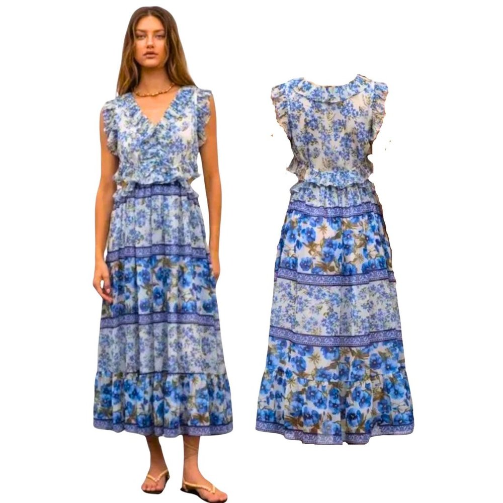 MOON RIVER Women's Ruffle Cap Sleeve Smocked Print Midi Dress NEW w/TAG Sz Small